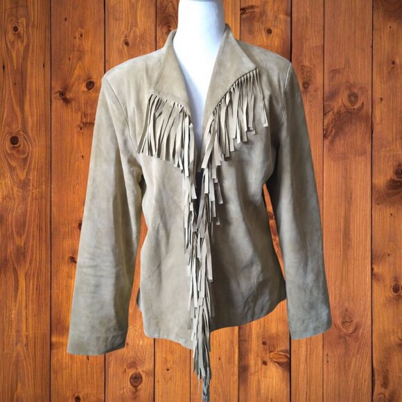 Nancy Bolen City Girl Size 12 Beige Suede Open Front Jacket Fringe Western - Picture 3 of 9